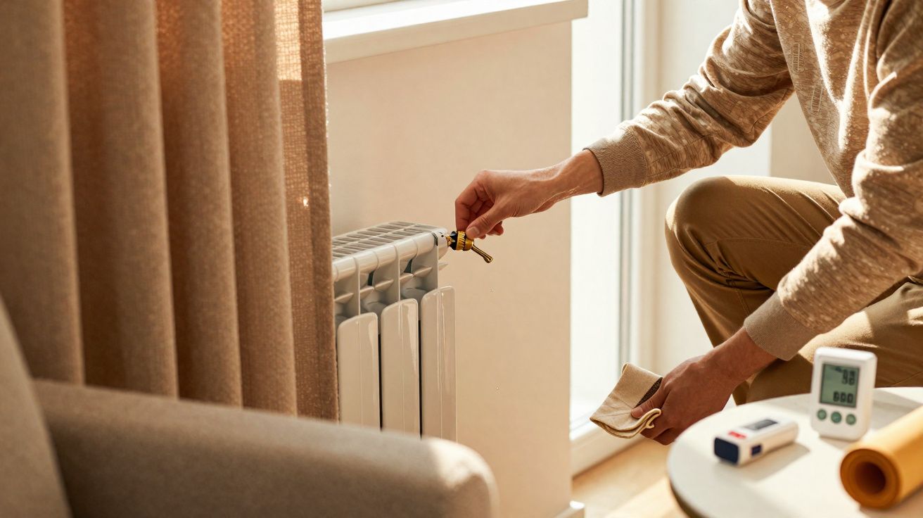 Pessoa ajusta termóstato de radiador num ambiente interior com luz natural e cortinas castanhas.