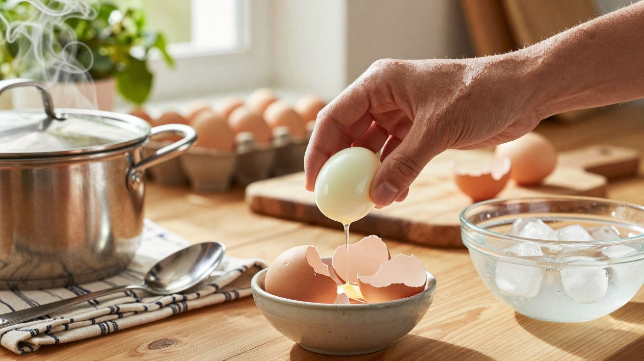 Mão a descascar ovo cozido à mesa com ovos crus, panela a fumegar e taça com gelo ao fundo.