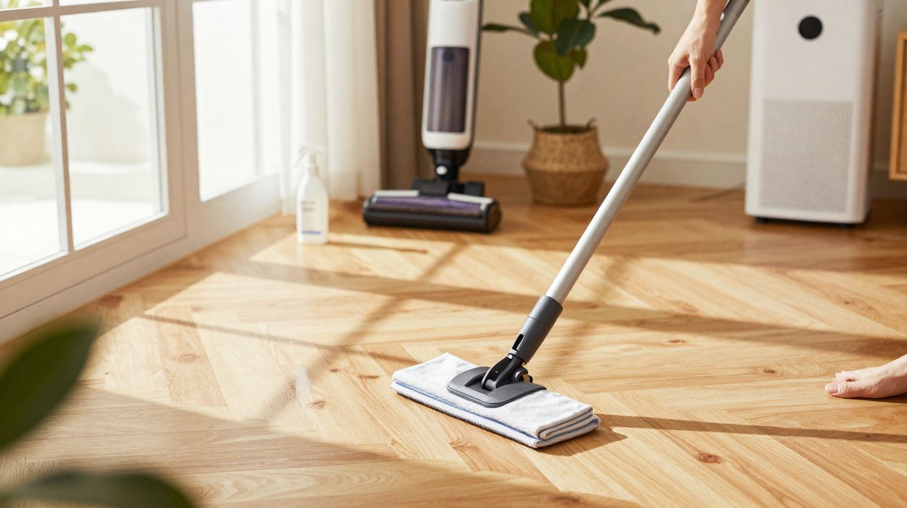 Pessoa a limpar chão de madeira com esfregona num espaço luminoso e arejado.