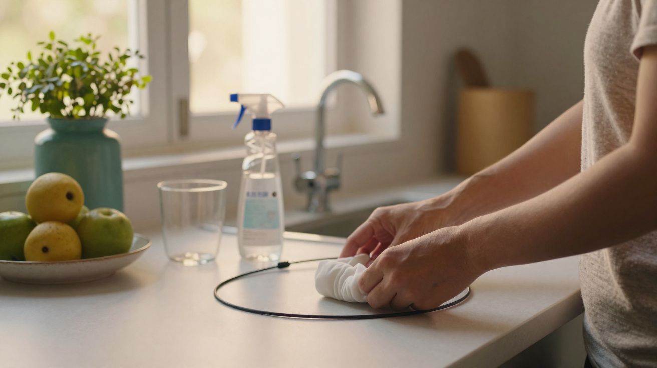 Pessoa a limpar bancada de cozinha branca com pano, perto de frutas, vidro e pulverizador.