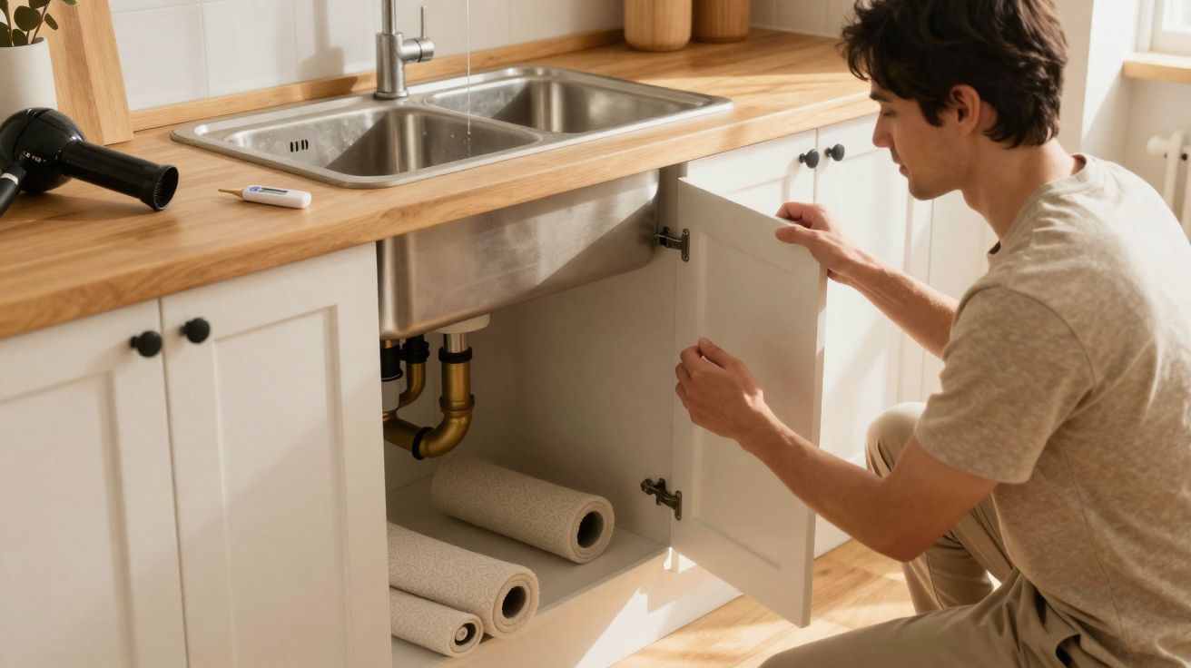 Homem a abrir a porta do armário da cozinha, com rolos de papel e pia de inox visíveis no interior.