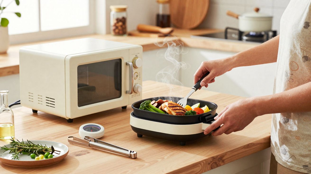 Mãos a cozinhar frango e legumes numa frigideira elétrica num balcão de cozinha com micro-ondas ao fundo.