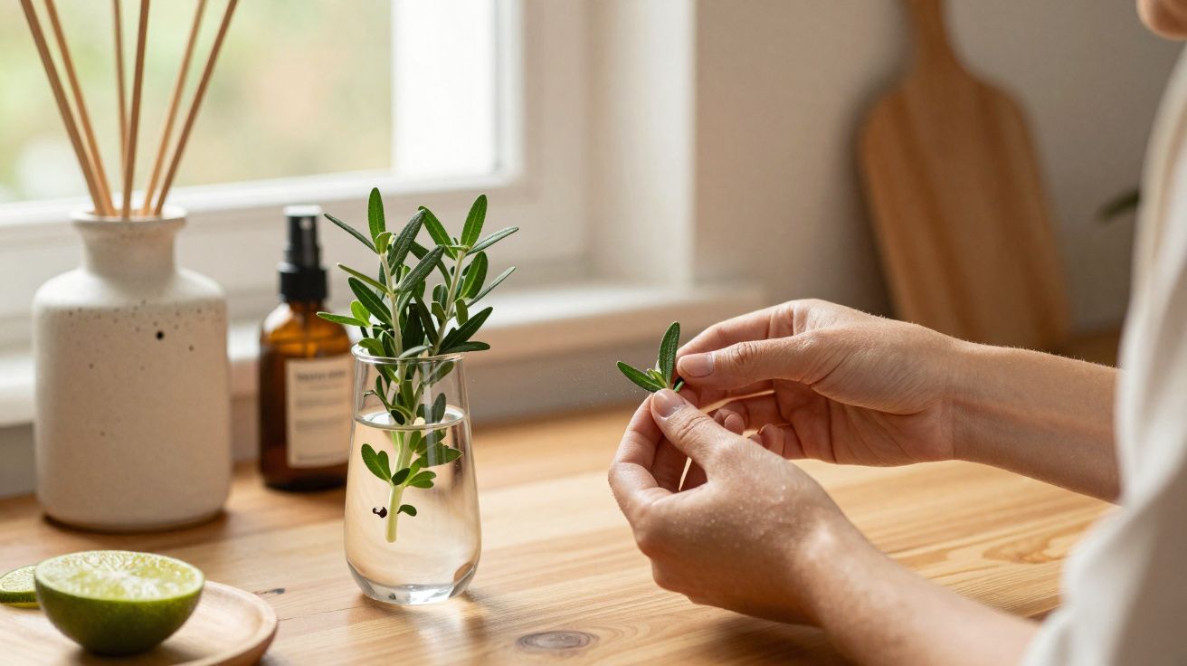 Mãos seguram folhas verdes junto a vaso com plantas, limão cortado e objetos na bancada de madeira.