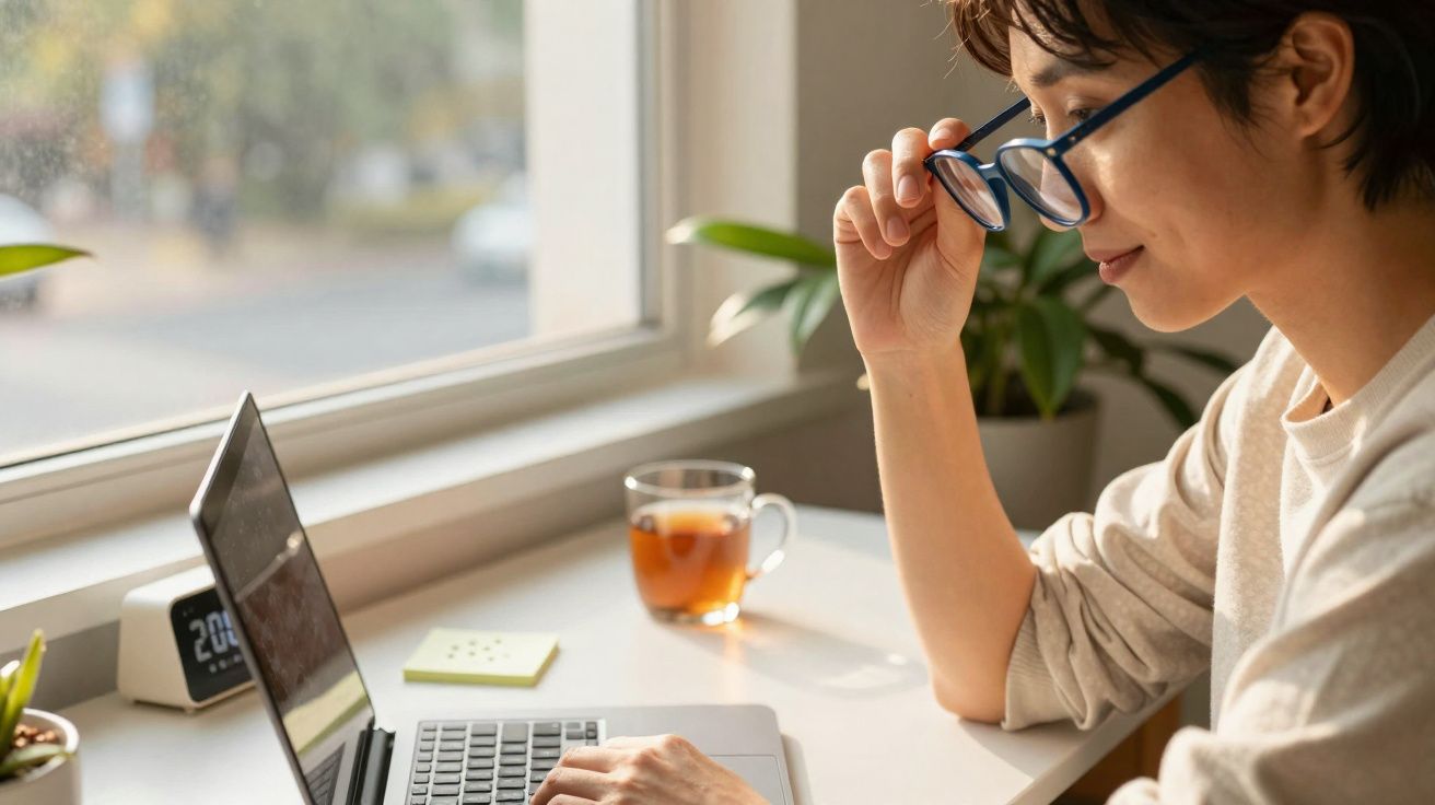 Pessoa a usar óculos enquanto trabalha num portátil junto a uma janela com luz natural e chá numa chávena.