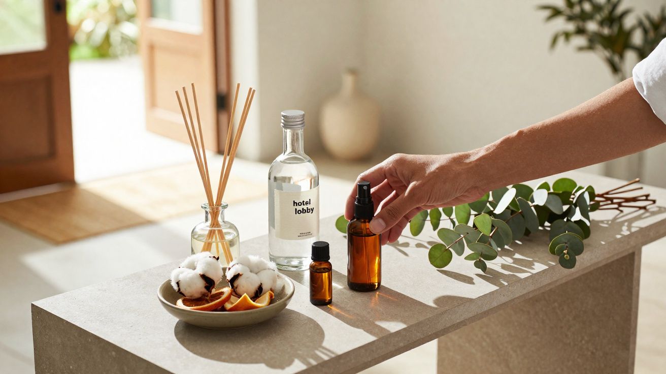 Mão a pegar frasco âmbar numa mesa com aromatizadores, algodão, e ramos verdes num ambiente iluminado.