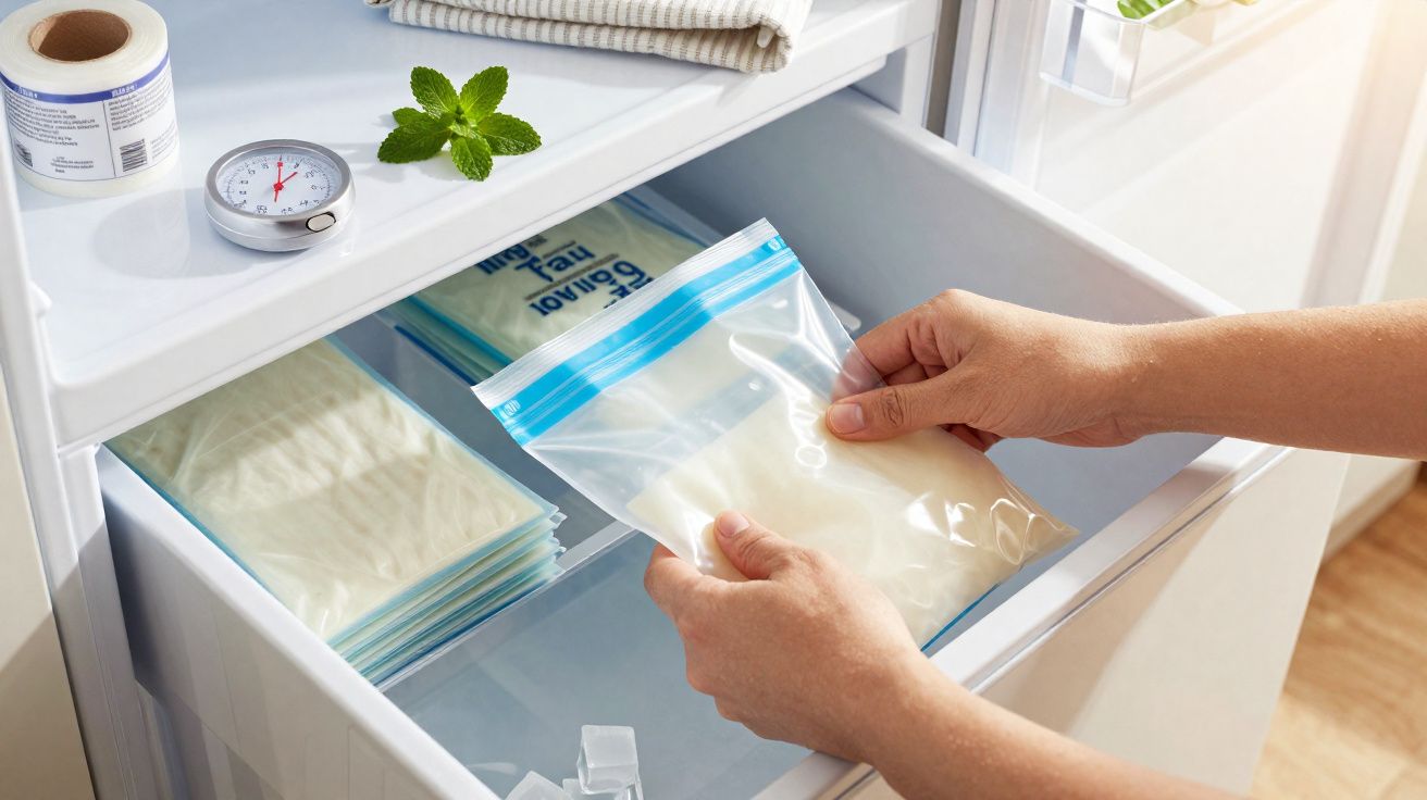Mãos guardam leite materno em sacos no congelador com termómetro e folhas de hortelã na prateleira.