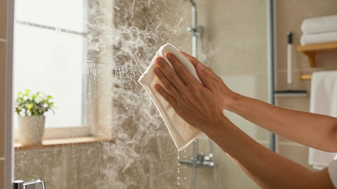 Mãos a limpar espelho embaciado com pano branco numa casa de banho iluminada por janela com planta.