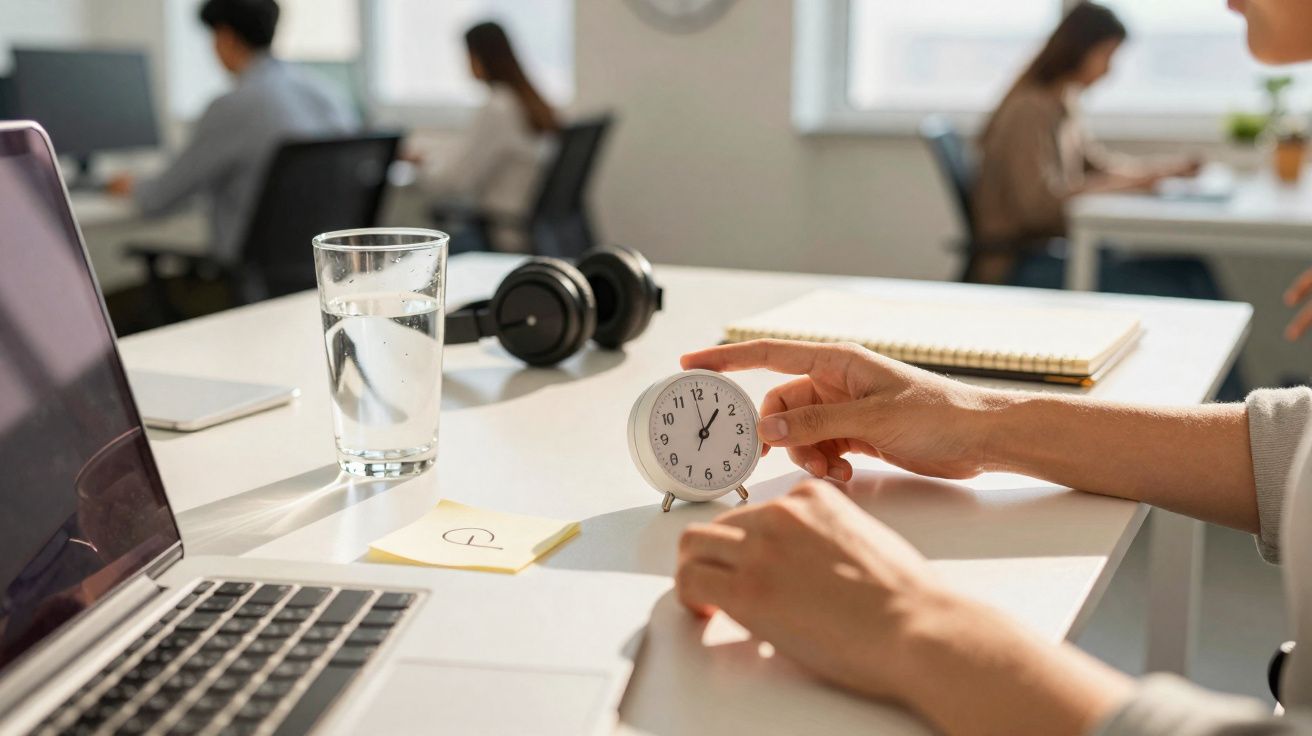 Pessoa de escritório ajusta relógio pequeno na secretária com computador, copo de água e auscultadores.