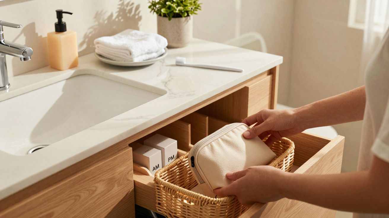 Pessoa organizada a arrumar nécessaire numa gaveta de casa de banho com bancada e toalhas brancas.
