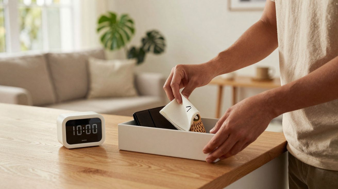Pessoa guarda óculos numa caixa branca sobre bancada de madeira, ao lado de relógio digital a marcar 10:00.