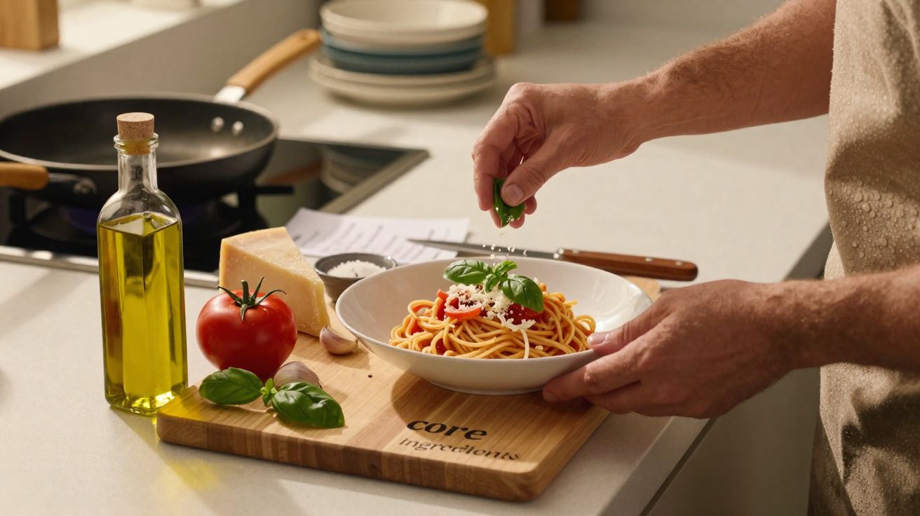 Pessoa a temperar prato de esparguete com manjericão, tomate, queijo, azeite e alho numa cozinha moderna.