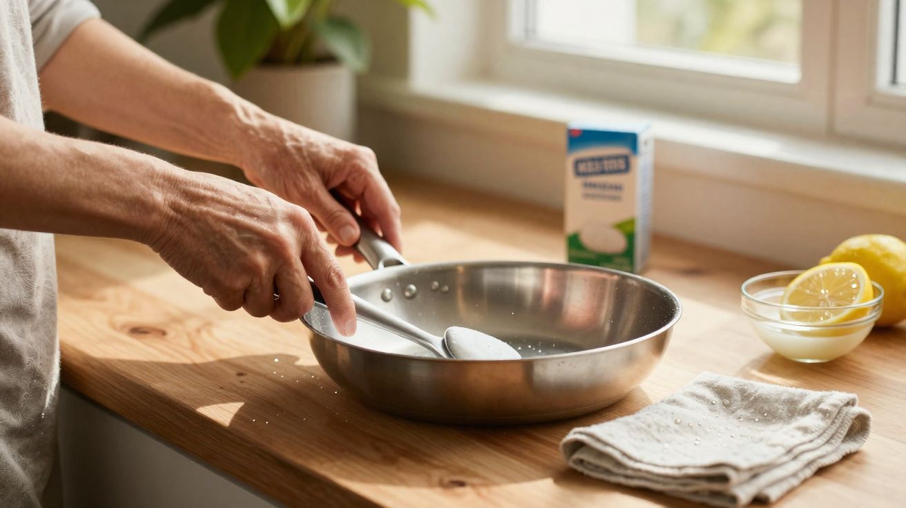 Mãos de pessoa adulta a cozinhar com panela de inox, colher, limão e embalagem de natas numa bancada de cozinha.