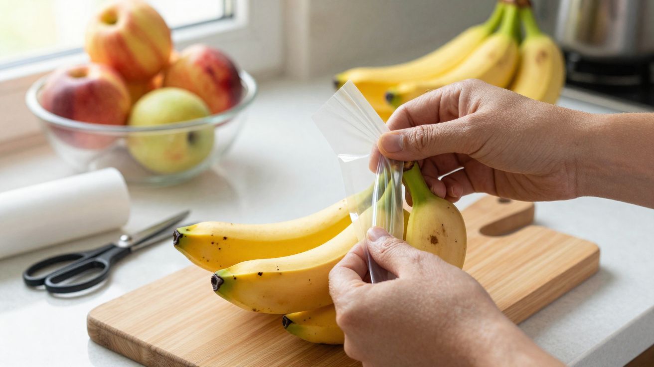 Pessoa a embrulhar um cachos de bananas com plástico numa cozinha, com maçãs e uma tesoura ao fundo.