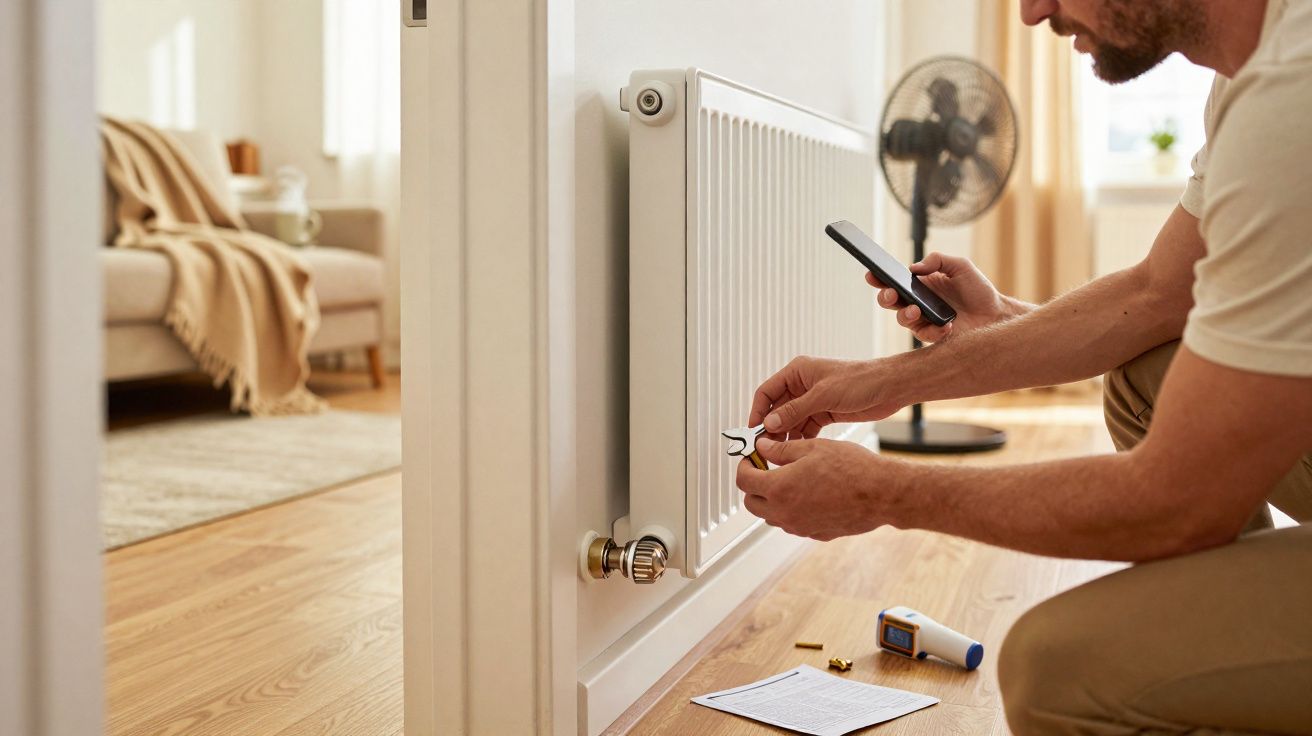 Homem ajusta válvula de radiador com telemóvel na mão num ambiente doméstico com piso em madeira.