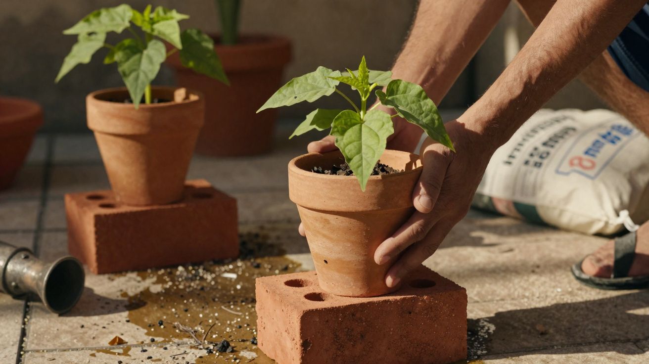 Mãos a colocar vaso de barro com planta verde sobre tijolo vermelho num chão com terra e saco de cimento ao fundo.
