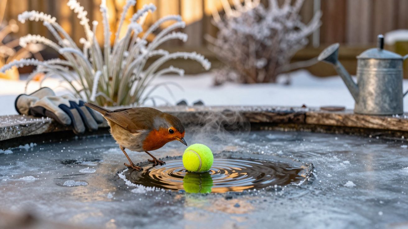 Pisco-de-peito-ruivo numa poça gelada a observar uma bola de ténis amarela numa manhã de inverno.