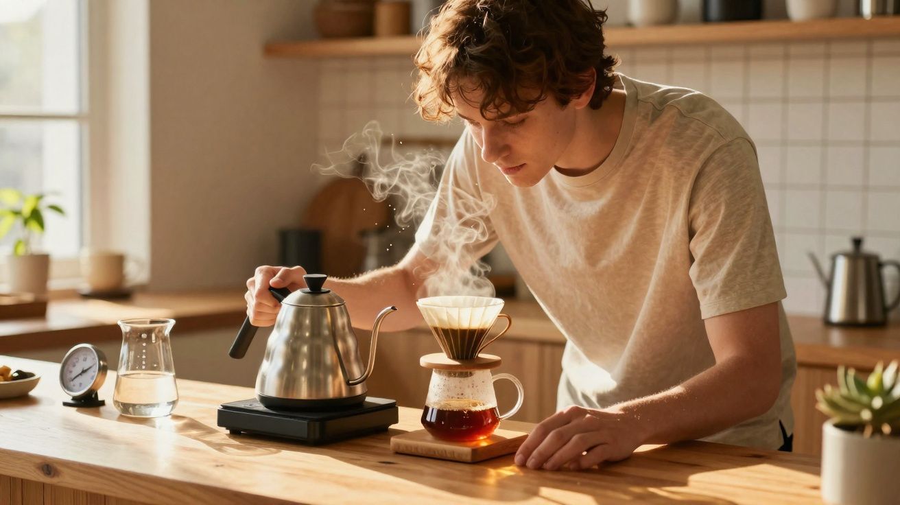 Homem a preparar café com método de filtração manual numa cozinha iluminada pelo sol.