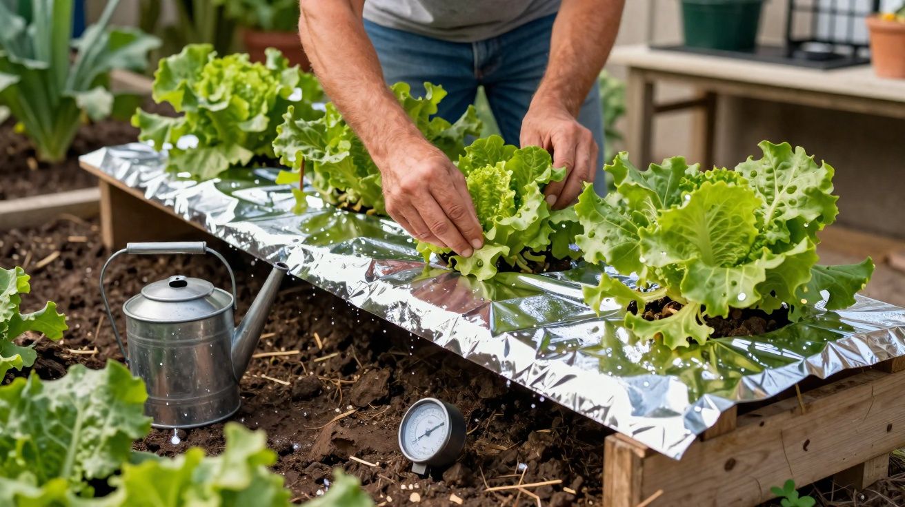 Pessoa a colher alface num canteiro elevado coberto com folha refletora em jardim doméstico.