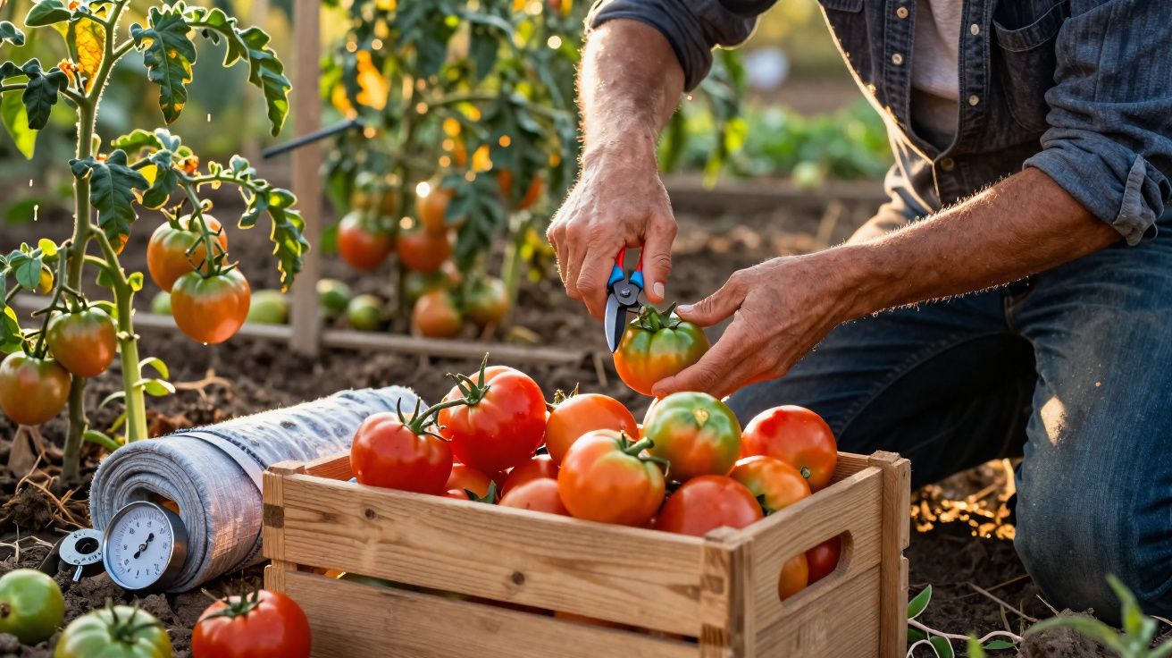 Homem a colher tomates maduros num campo, colocando-os numa caixa de madeira.