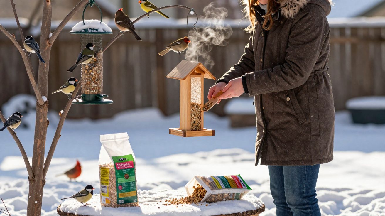 Pessoa a alimentar pássaros em comedouro de madeira durante inverno com neve caída no chão.