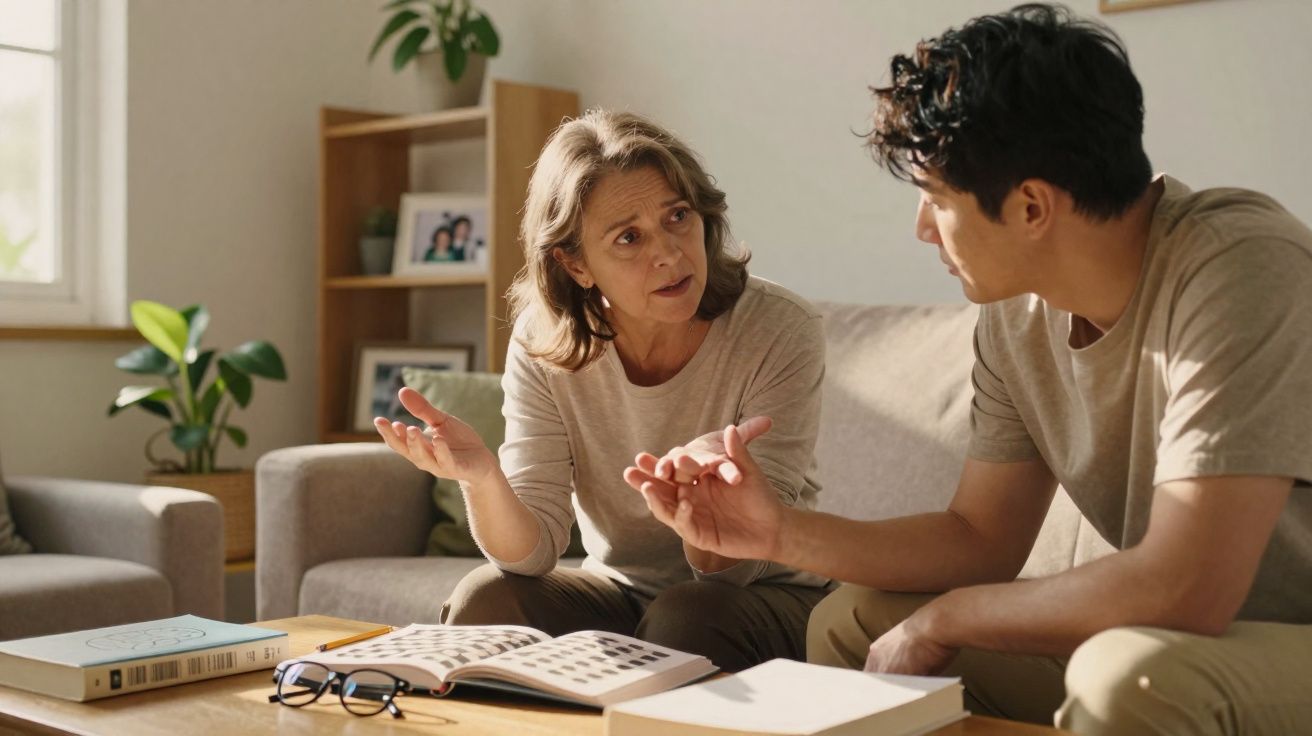 Mulher e homem conversam de forma séria numa sala, com livros e óculos numa mesa à frente.