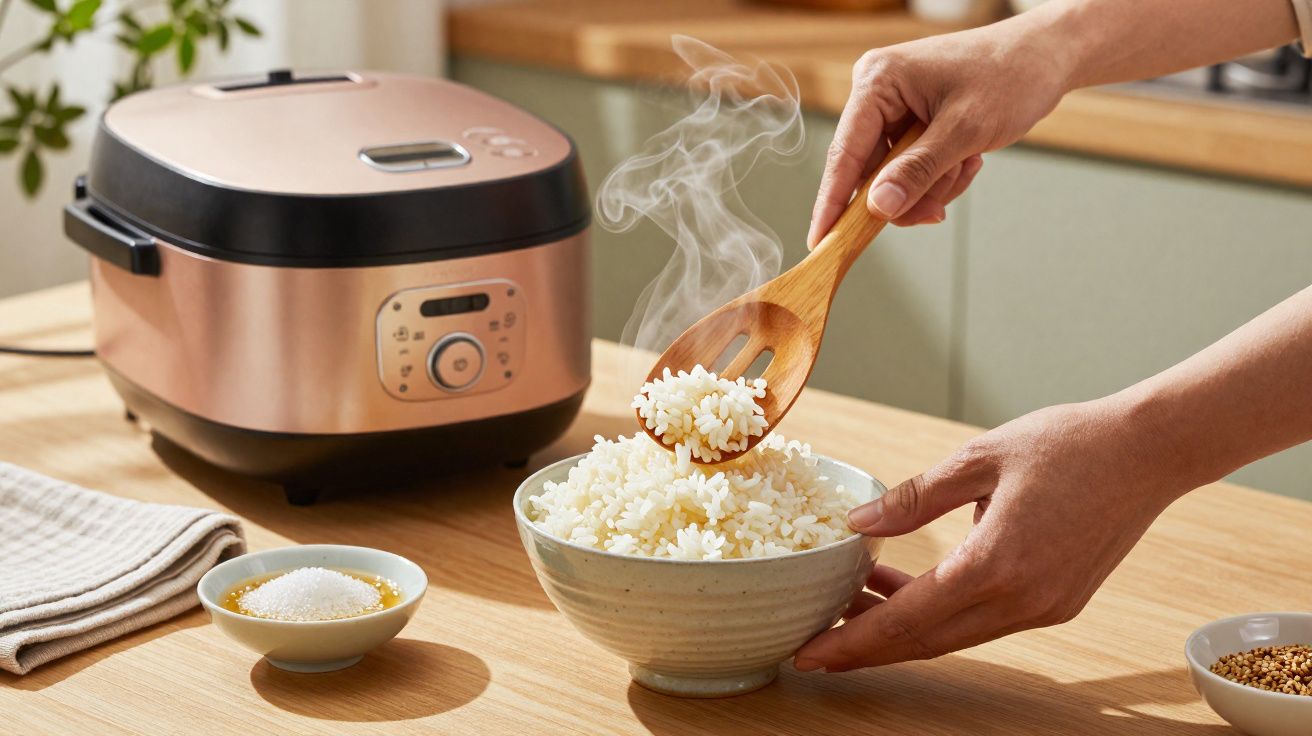 Mãos a servir arroz fresco e fumegante numa taça com panela elétrica de arroz ao fundo numa cozinha.