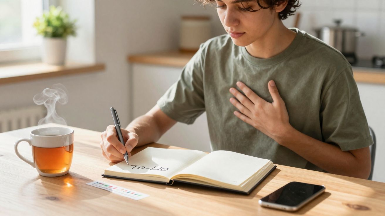 Pessoa jovem a escrever uma lista de tarefas num caderno numa mesa com chá quente e telemóvel.