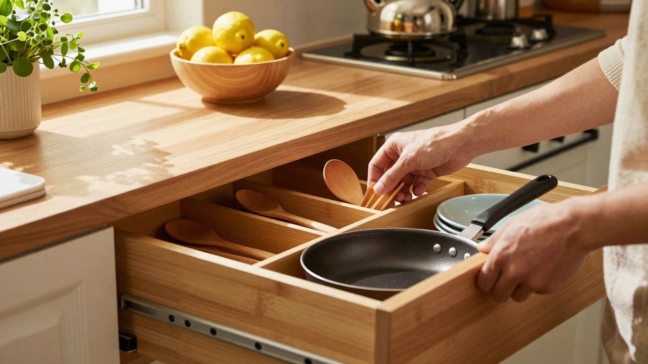 Pessoa a guardar utensílios de madeira numa gaveta de cozinha junto a tábua, fruta e fogão com chaleira.