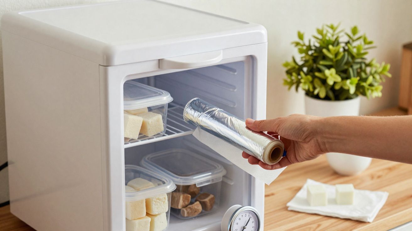 Mão a pegar película aderente no pequeno frigorífico com recipientes de plástico no interior.