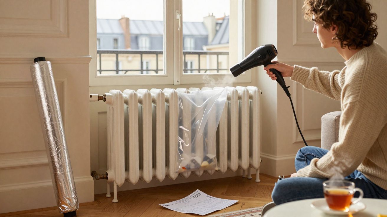 Pessoa seca plástico com secador para melhorar isolamento de radiador em sala com janela.
