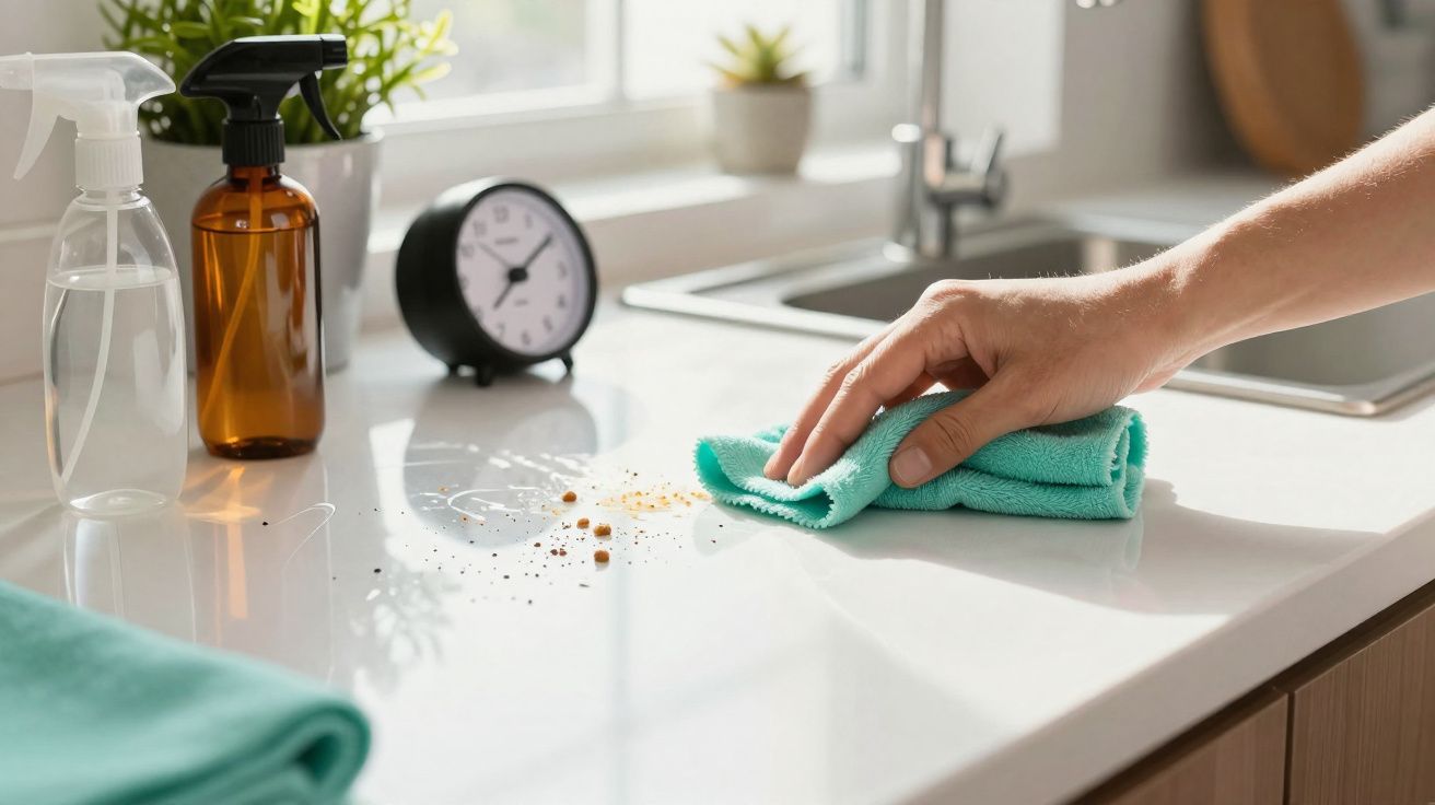 Mão a limpar bancada branca da cozinha com pano azul junto a pulverizadores e relógio preto.