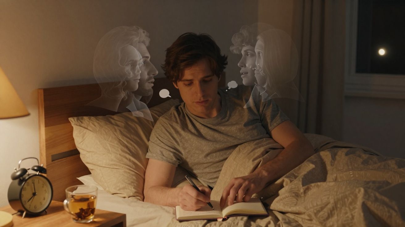 Homem a escrever num caderno na cama à noite, rodeado por silhuetas transparentes de várias pessoas a falar.