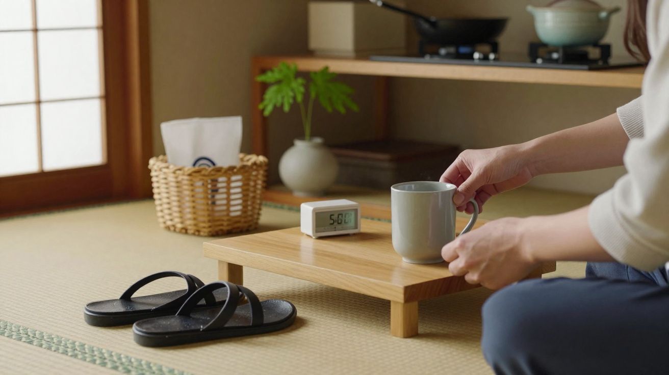 Pessoa a segurar caneca perto de mesa baixa com relógio digital, chinelos e cesto numa sala tradicional japonesa.