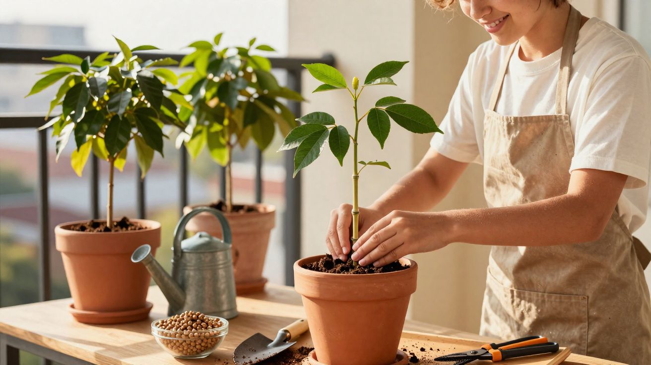 Pessoa a transplantar uma planta jovem em vaso de barro num terraço com ferramentas e regador.