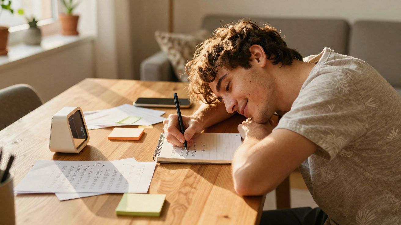 Jovem sentado a escrever num caderno numa mesa de madeira com documentos e post-its espalhados.