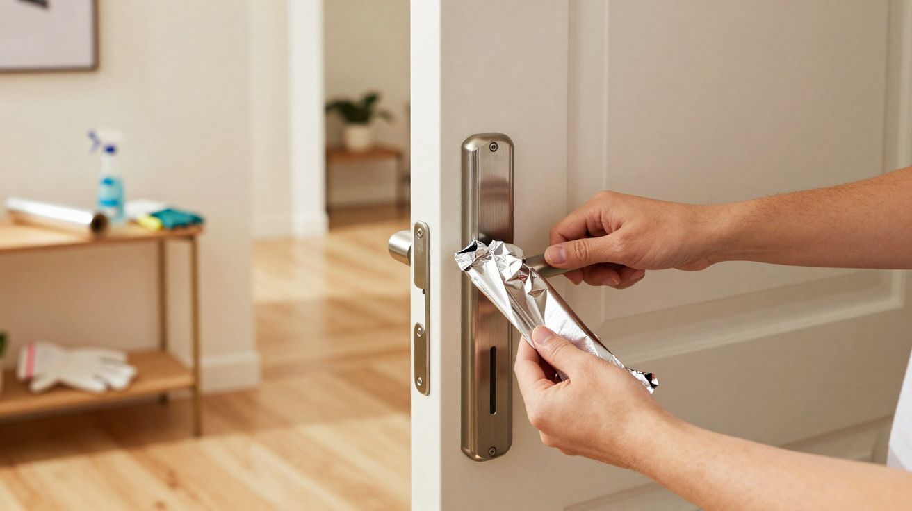 Mãos a limpar puxador de porta branca com papel de alumínio numa divisão com chão de madeira.