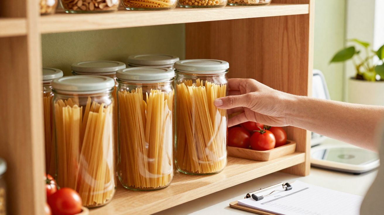 mão a apanhar frasco com massa spaghetti em prateleira de madeira na cozinha doméstica organizada