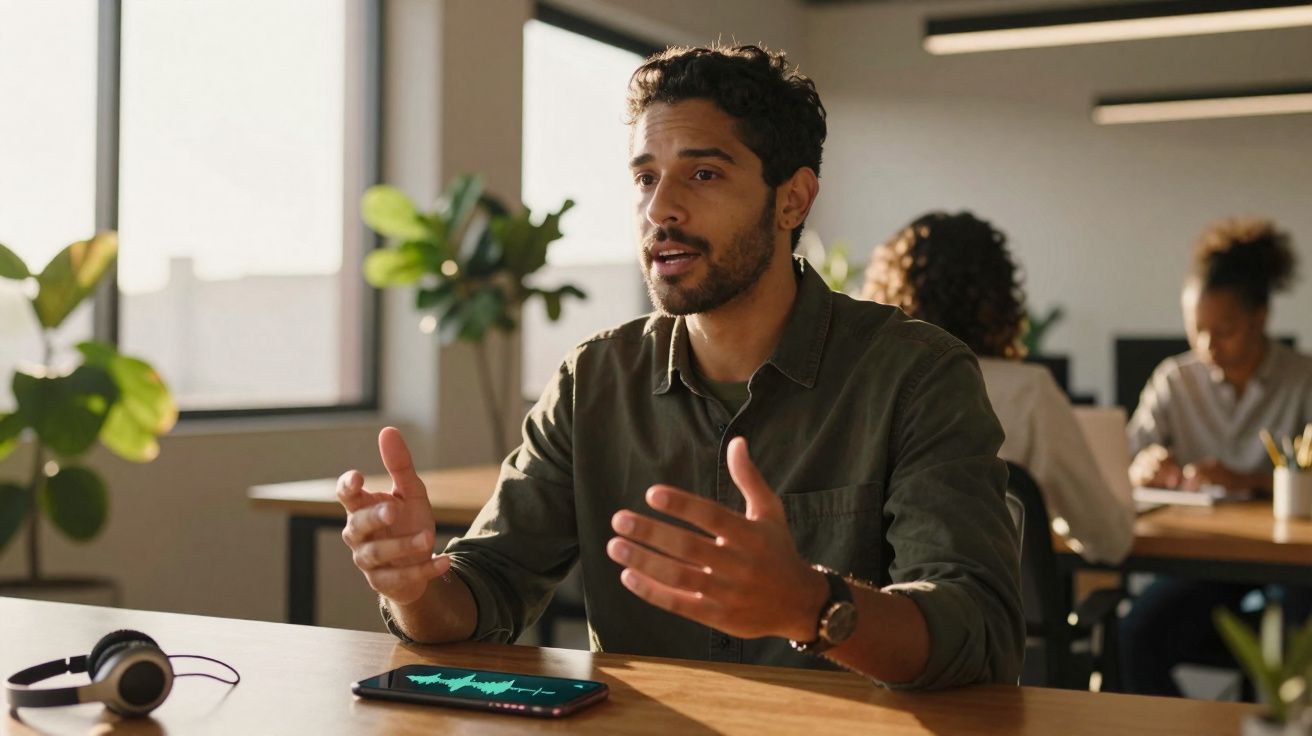Homem sentado a falar e gesticular numa sala de escritório iluminada, com plantas e colegas ao fundo.