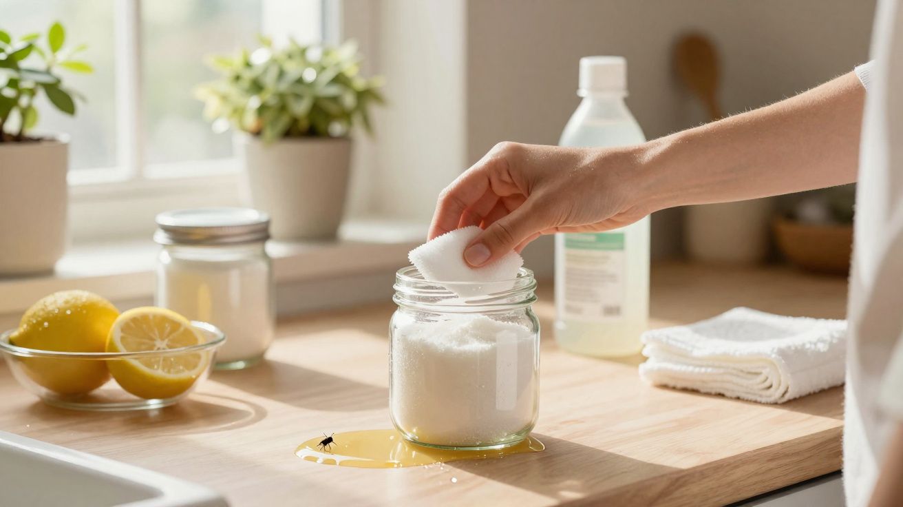 Mão a pegar uma esponja branca num frasco com pó branco para limpar óleo derramado na cozinha com limões e plantas ao fundo.