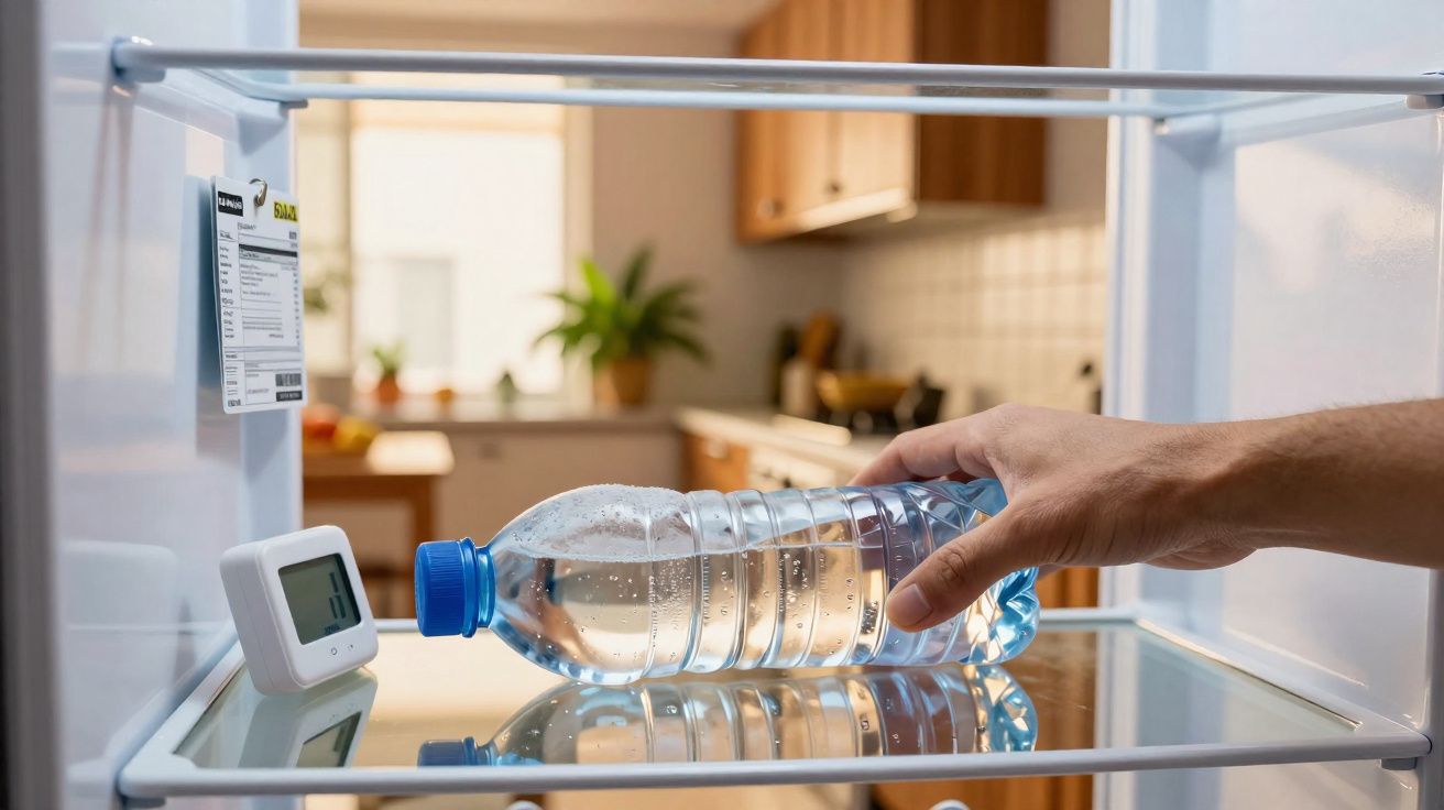 Mão a colocar garrafa de água num frigorífico com termómetro digital e cozinha ao fundo.