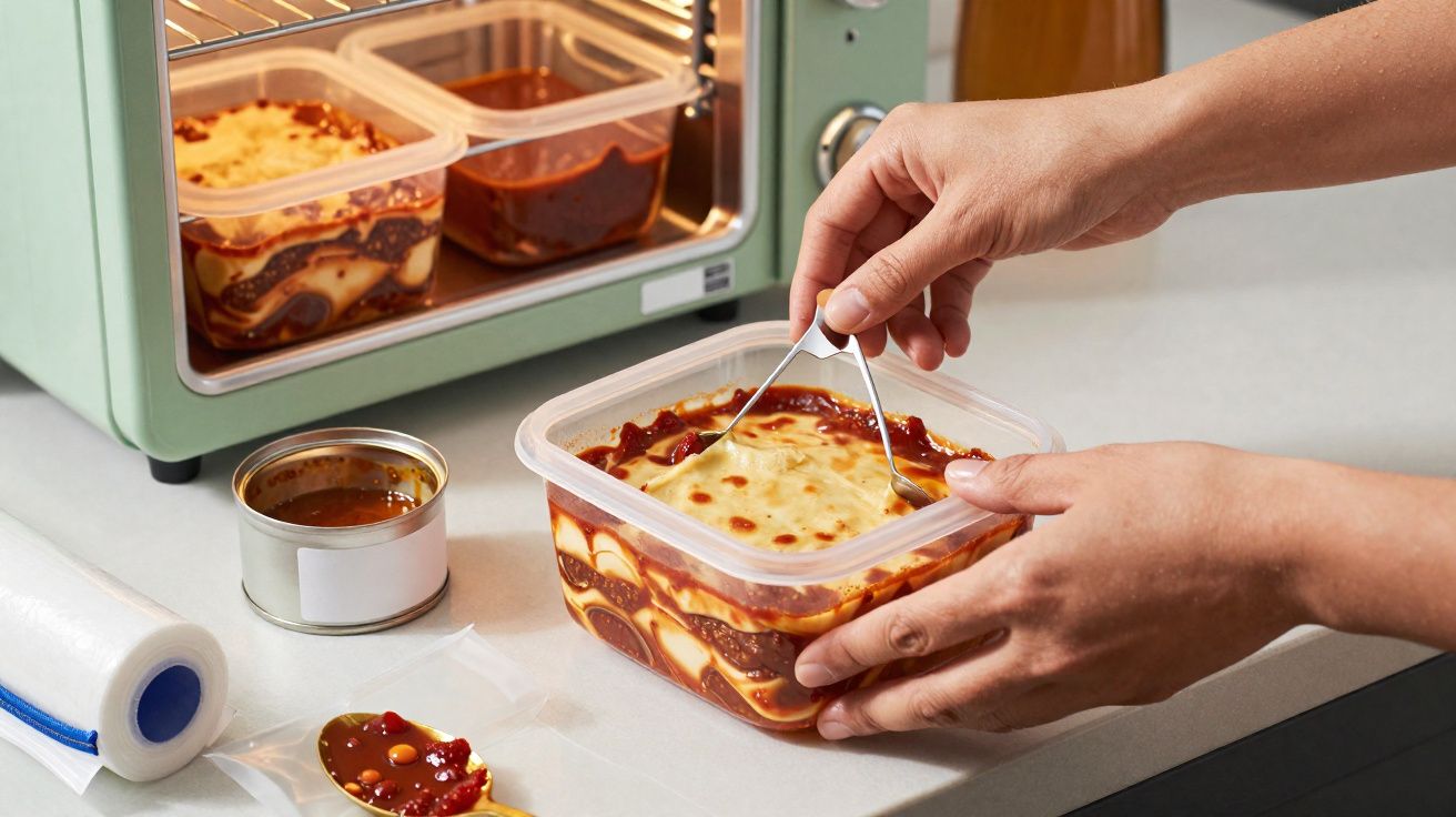 Mãos a cortar lasanha caseira numa caixa plástica, com pratos semelhantes e forno ao fundo.