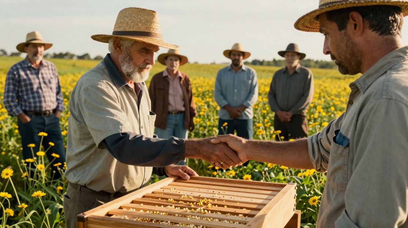 Agricultores a cumprimentar-se numa plantação florida com cinco pessoas ao fundo.