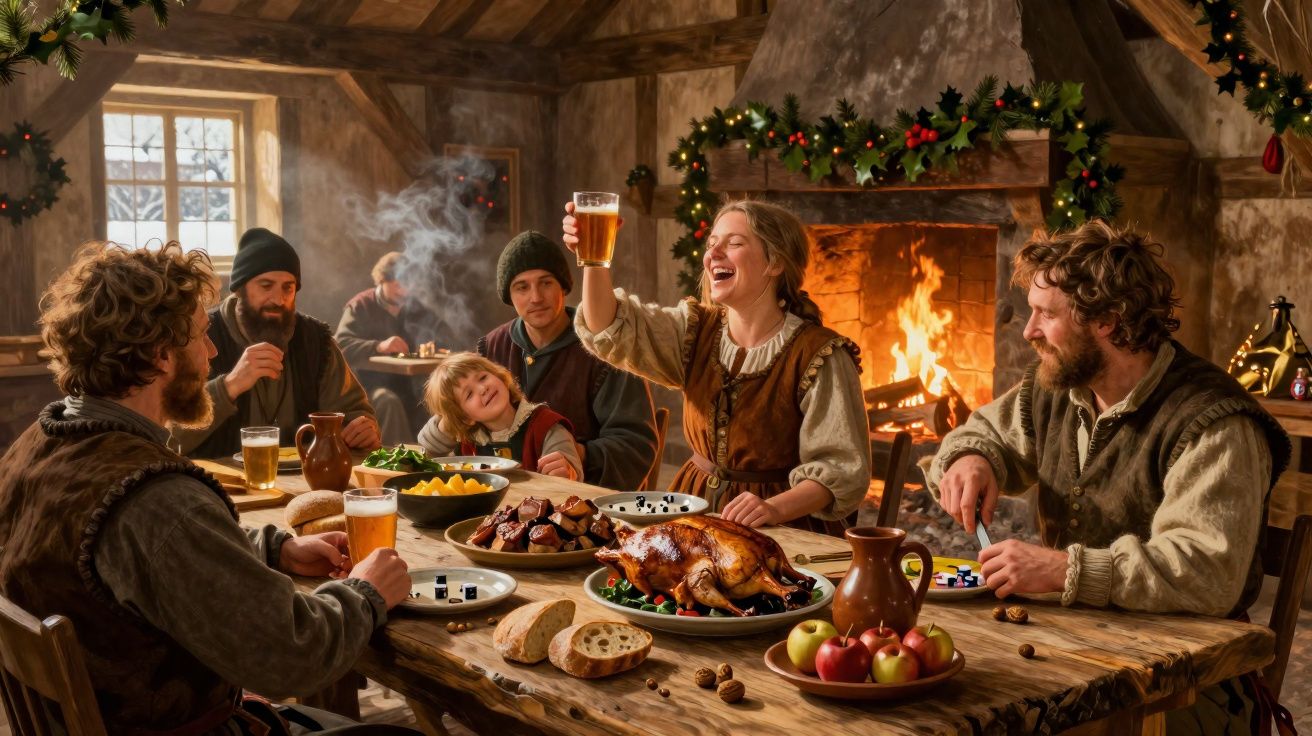 Família reunida à mesa rústica a partilhar refeição festiva junto à lareira decorada para o Natal.