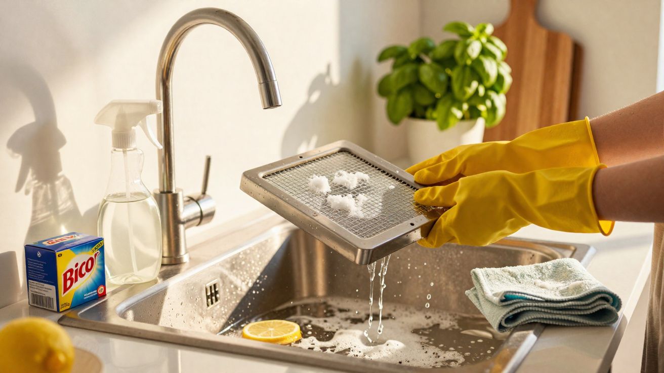 Pessoa a lavar filtro metálico de exaustor na cozinha com luvas amarelas e detergente.