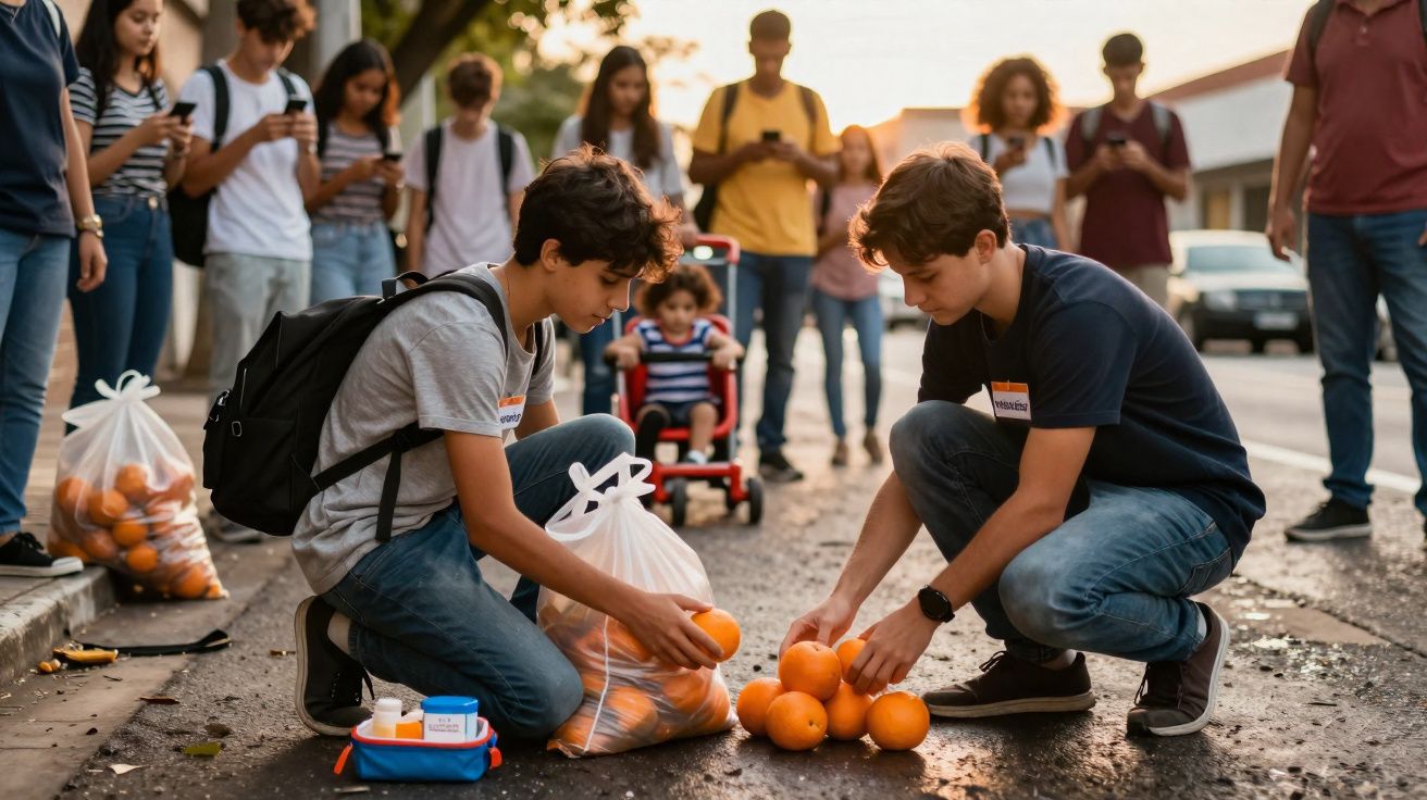 Dois rapazes agachados a organizar laranjas em saco plástico, com grupo de jovens em fundo na rua.