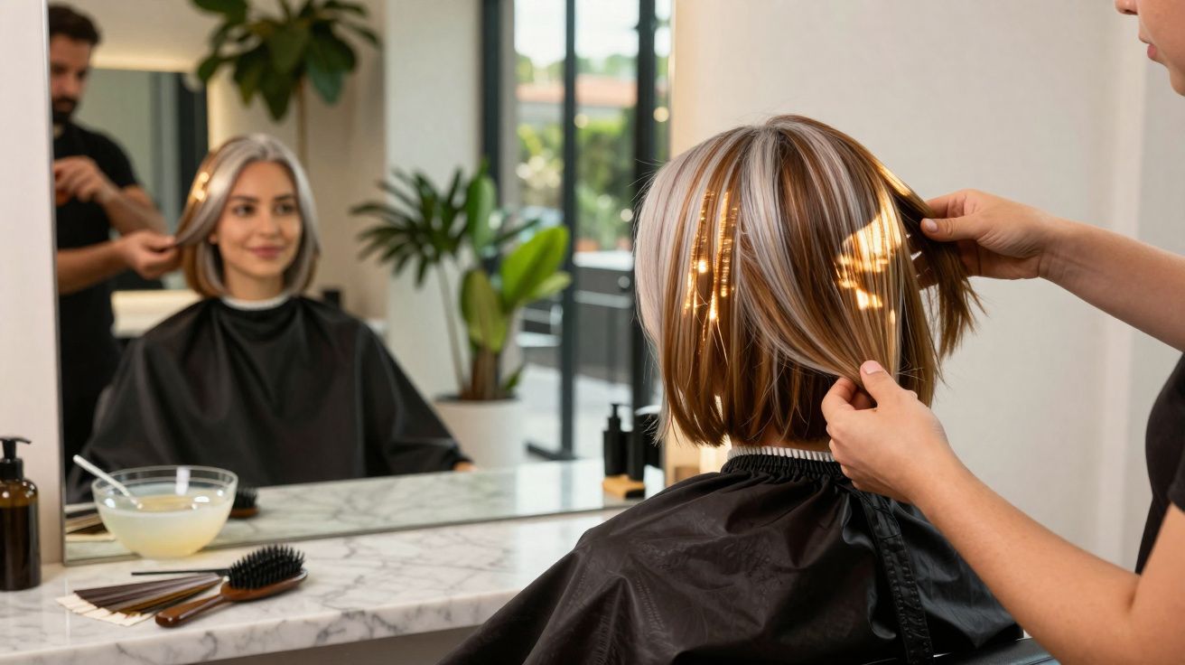 Mulher a fazer penteado num salão de cabeleireiro, sentada em frente ao espelho com cabelo curto.