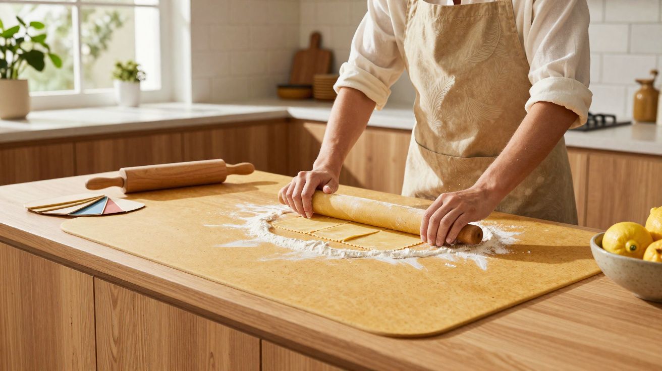 Pessoa a estender massa com rolo numa bancada de cozinha iluminada pela luz natural.