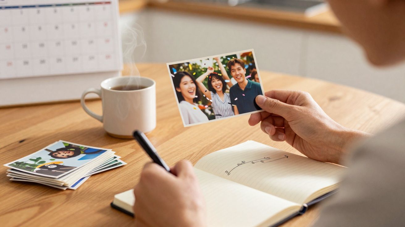 Pessoa a segurar fotografia de amigos, escrevendo num caderno, com chá quente e calendário em cima da mesa de madeira.