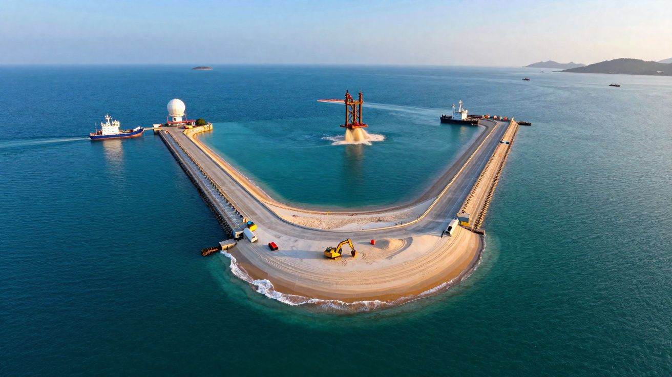 Porto artificial com docas em forma de U, dois navios atracados e máquina de construção a operar junto ao mar.