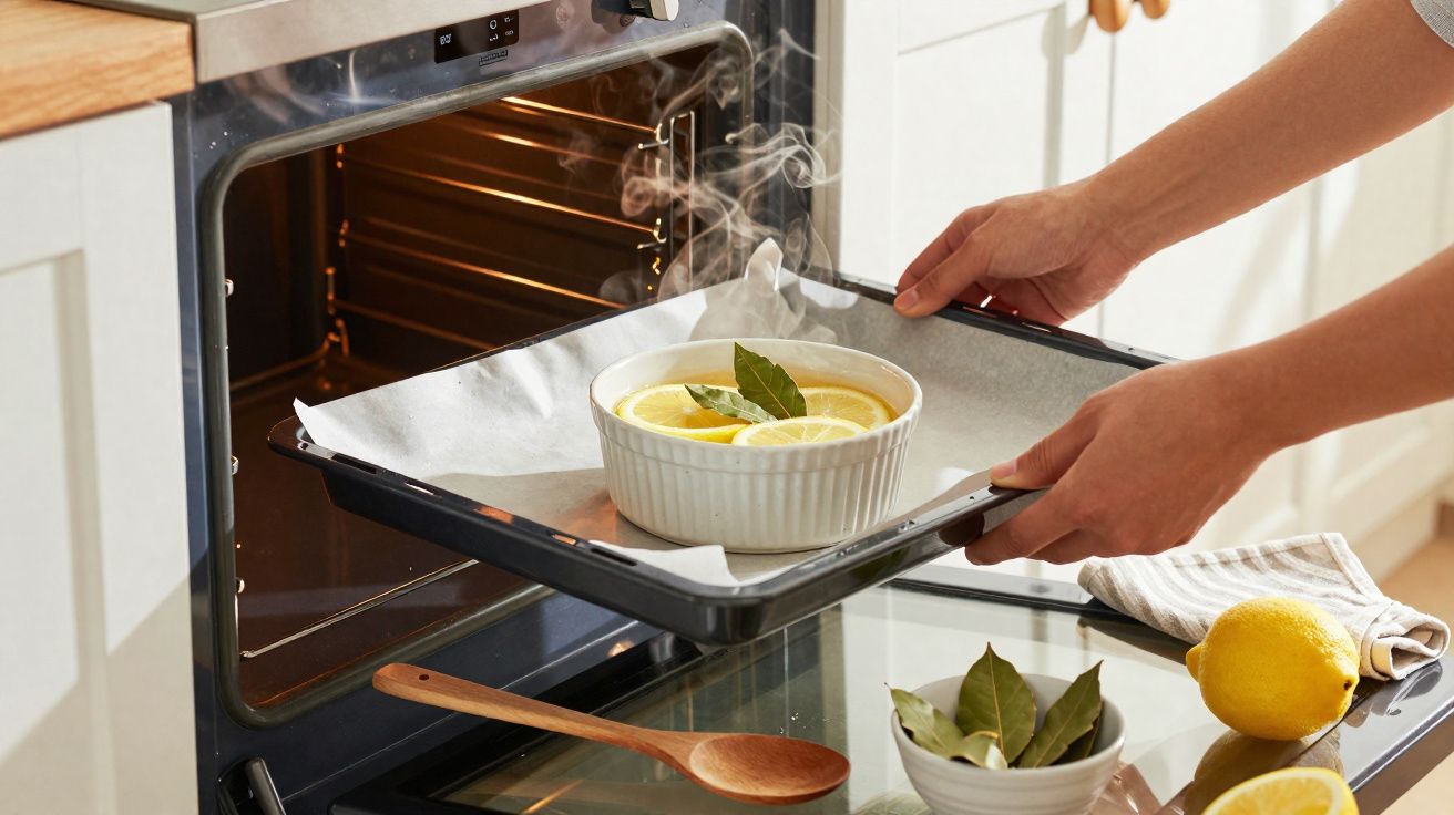 Mãos a colocar prato com limões e folhas em forno aberto, com vapor a sair. Balcão com limão, louro e colher de pau.